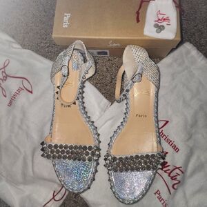 Christian Louboutin Silver Glitter Studded Espadrille Sandals